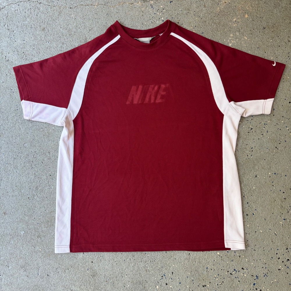 Nike Mens XL Burgundy White Colorblock Mesh Athletic Training T-Shirt Y2K